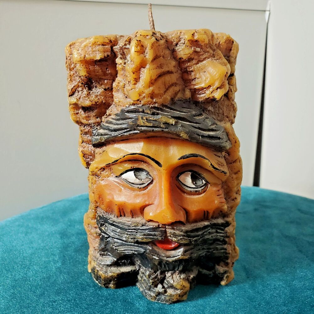 Vintage German Carved Tree Spirit Bearded Man Face Wax Candle Brown 5.5" X 3.5"